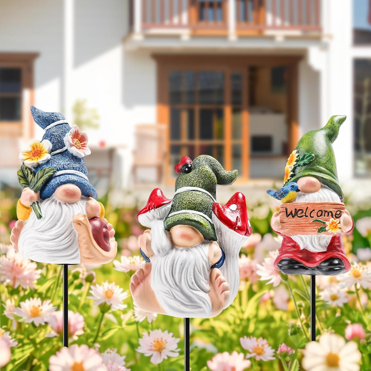 Garden Gnomes Stakes 3 Inch Plant Decorations for Pots Outdoor Statues Indoor 3 Pack Large Garden