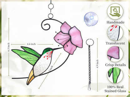 Lolitarcrafts Hummingbird with Flower Stained Glass Suncatcher Bird Stained Glass Window Hangings