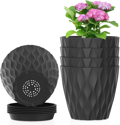 4 inch Small Plastic Nursery Pots, Seedling Pots, 5 Set Water Ripples Plant Pots for Indoor Plants