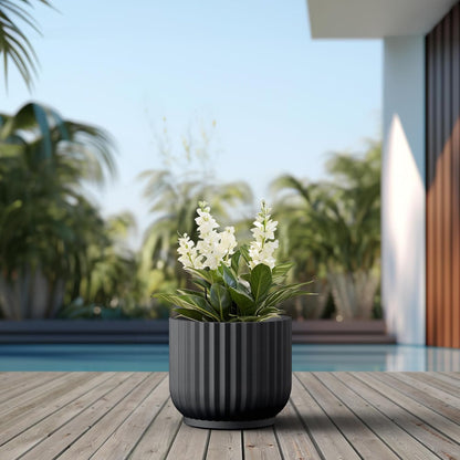 Kante Round Fulted Planter, 14 Inch Dia Large Concrete Plant Pots with Drainage Hole and Rubber