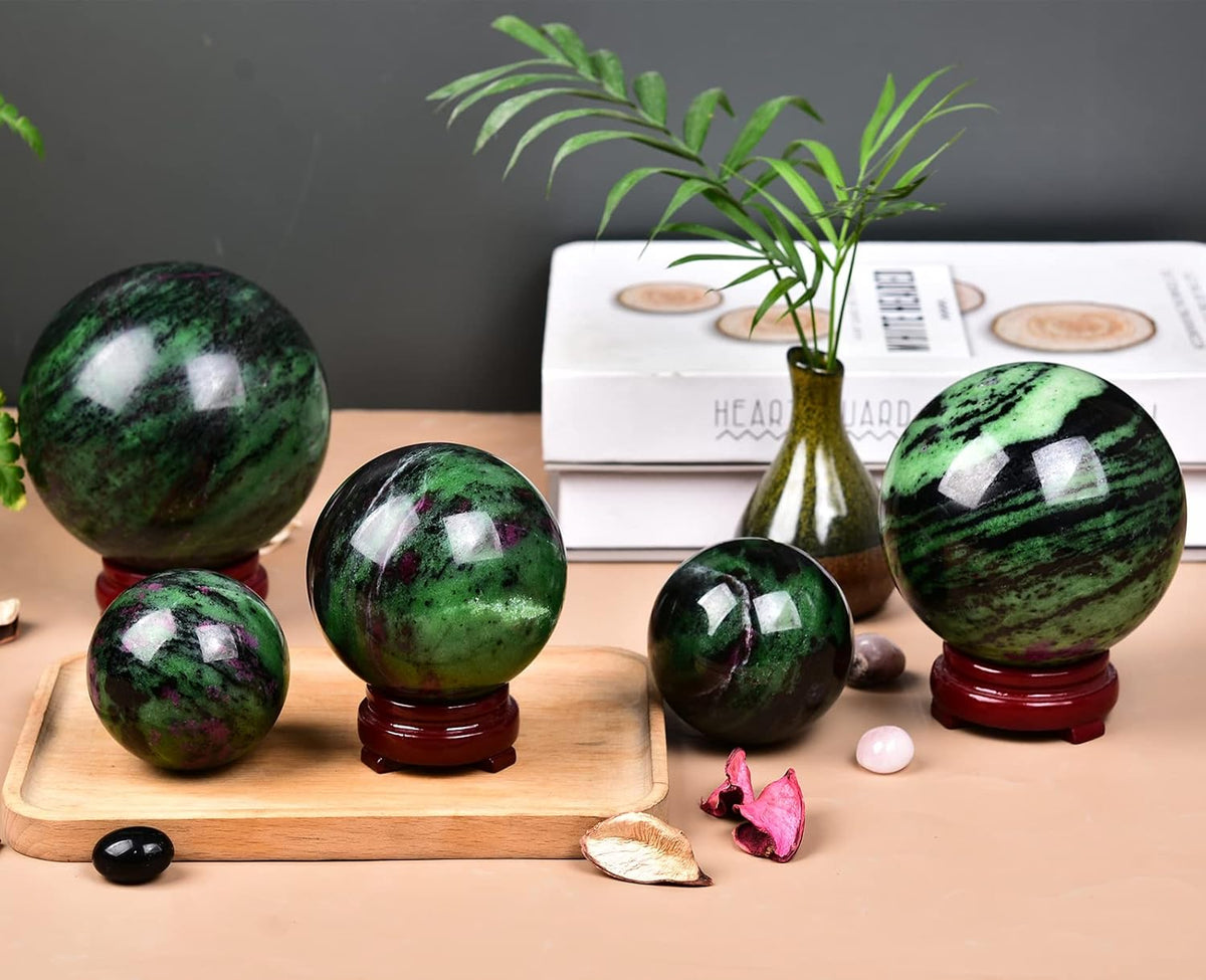 JIC Gem Natural Quartz Crystal Ball Ruby Zoisite Gemstone Sphere with Decoative Stand Red&Green