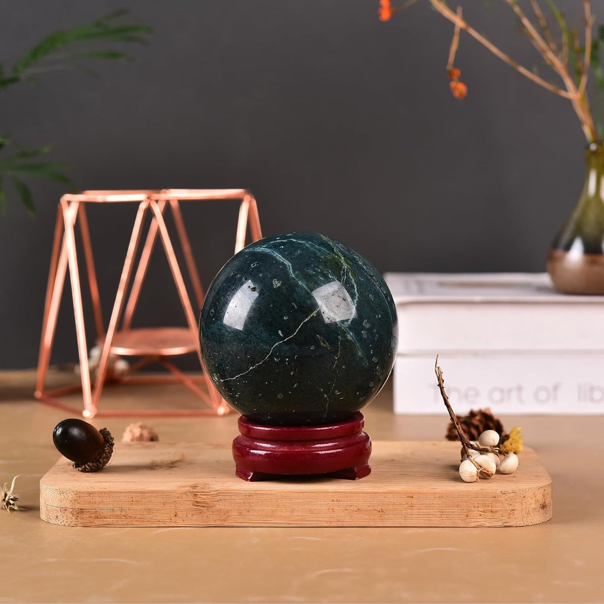 JIC Gem Natural Ocean Jasper Crystal Sphere Decorative Ball with Wooden Stand Meditation Balls for