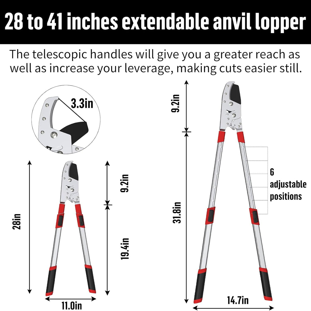 GARTOL Heavy-Duty Extendable Loppers, 28"-41" Telescopic Tree Trimmer, Double Ratcheting Branch
