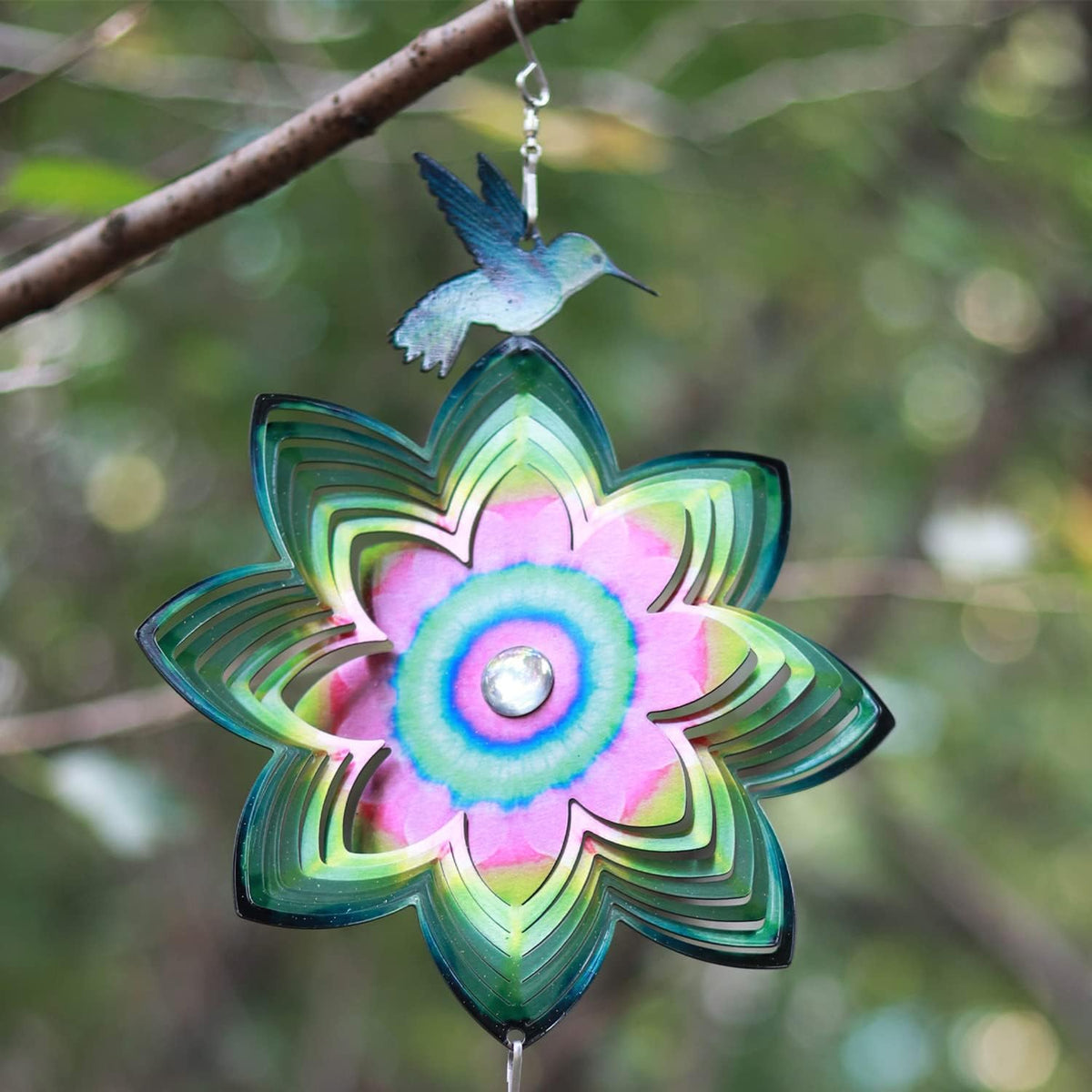 SPRING SONG Hummingbird on Mandala Flower Wind Spinner for Yard and Garden Stainless Steel Spinner