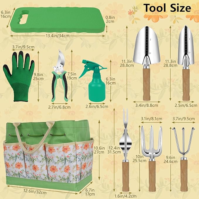 LeMotech Gardening Tools, 10-Piece Heavy Duty Garden Hand Tools Set with Wooden Handle, Durable