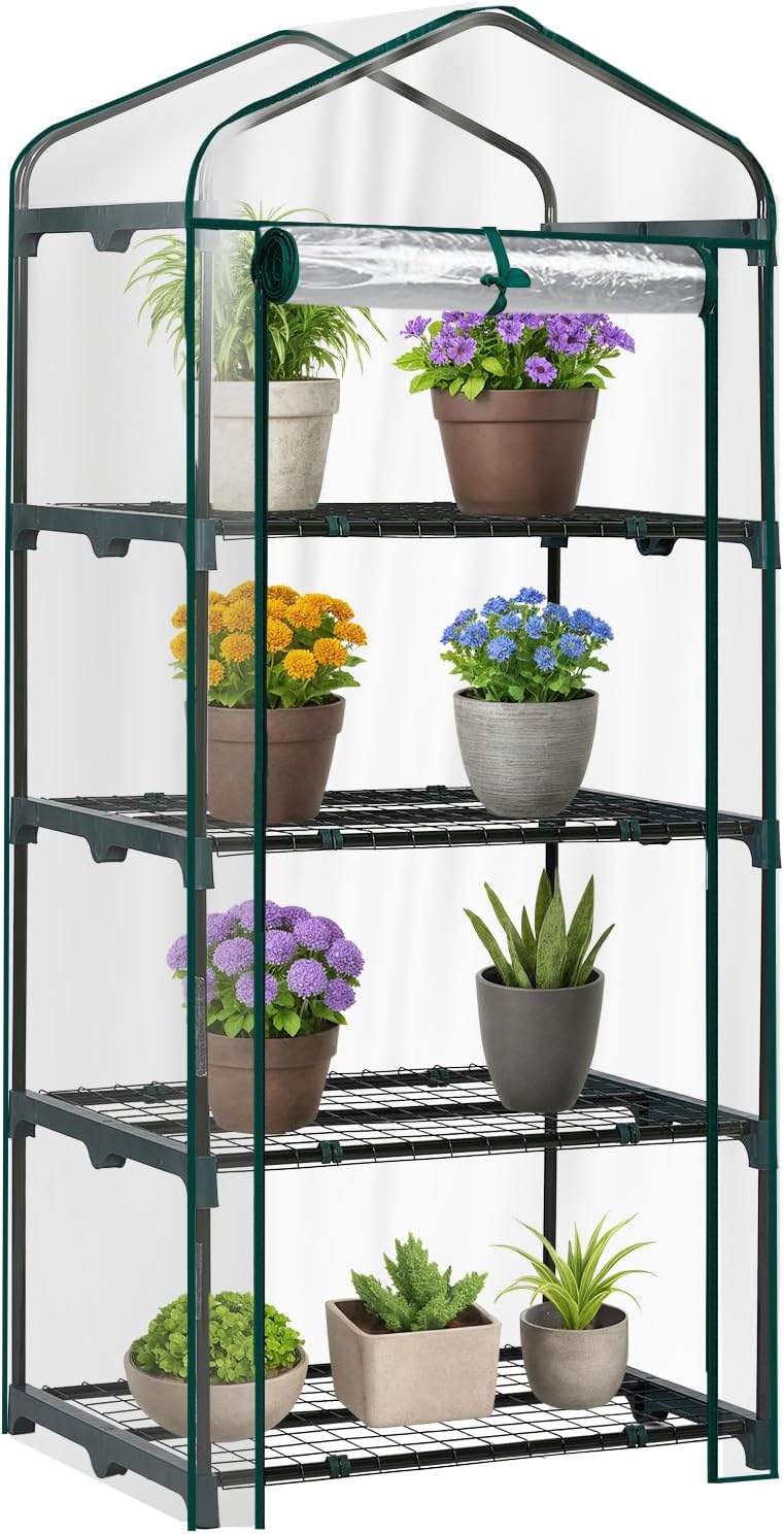 Outvita Mini Greenhouse, Small PVC Plant Green House with 4 Tiers Rack, Shelf Clips, Roll-up Zipper