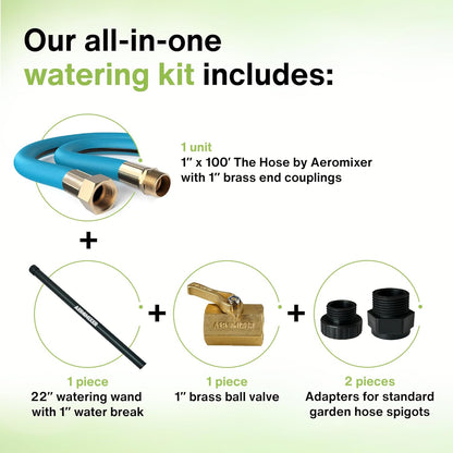 Aeromixer THE HOSE: All-In-One Watering Kit - Heavy Duty 1" 100 Ft Garden Hose, Kinkless Garden
