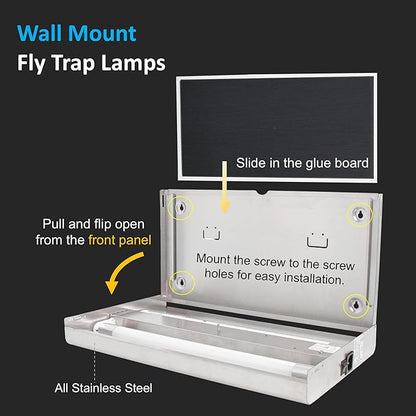 Awoco 12W LED Stainless Steel 100V-240V Wall Mount Sticky Fly Trap Lamp for Capturing Flies