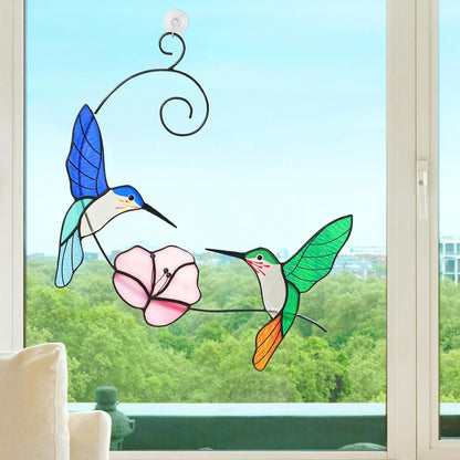 Hummingbird Stained Glass Window Hanging, Handmade Humming Bird with Flower Suncatcher, Sun Catcher