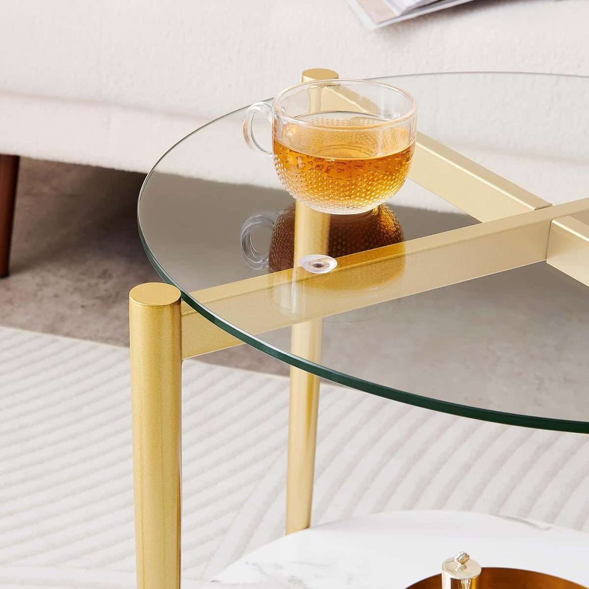Round Glass End Table, Mid-Century Modern Design Sofa Table for Living Room, D18 x H23 in, 2-Tier