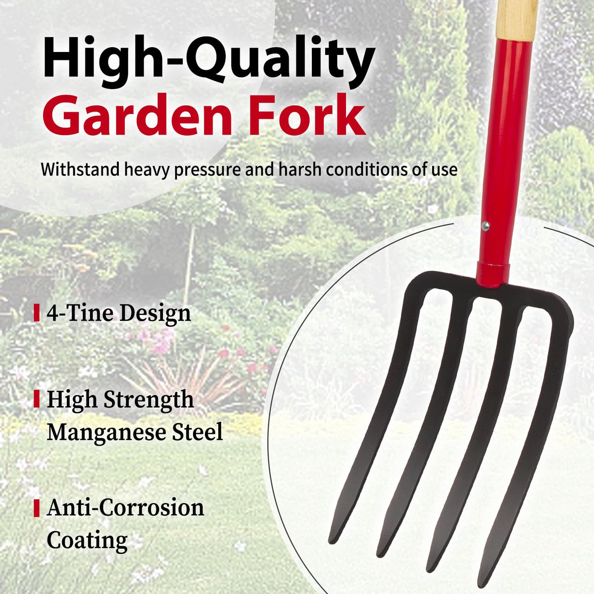 Dikuyeel Heavy Duty Garden Fork for Digging, 4 Tines Pitch Fork for Gardening Compost, Garden Pitch