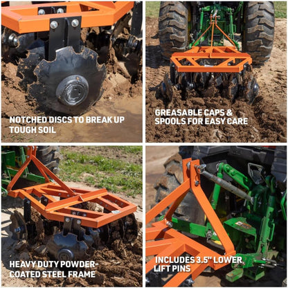 Titan Attachments 3 Point 4ft Notched Disc Harrow Plow Attachment for Cat 1 Tractors, Concave Discs