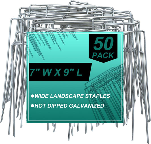 50 Pack Heavy Duty Wide Landscape Staples, 7 Gauge Galvanized Steel Turf Stakes Garden Stakes Bulk