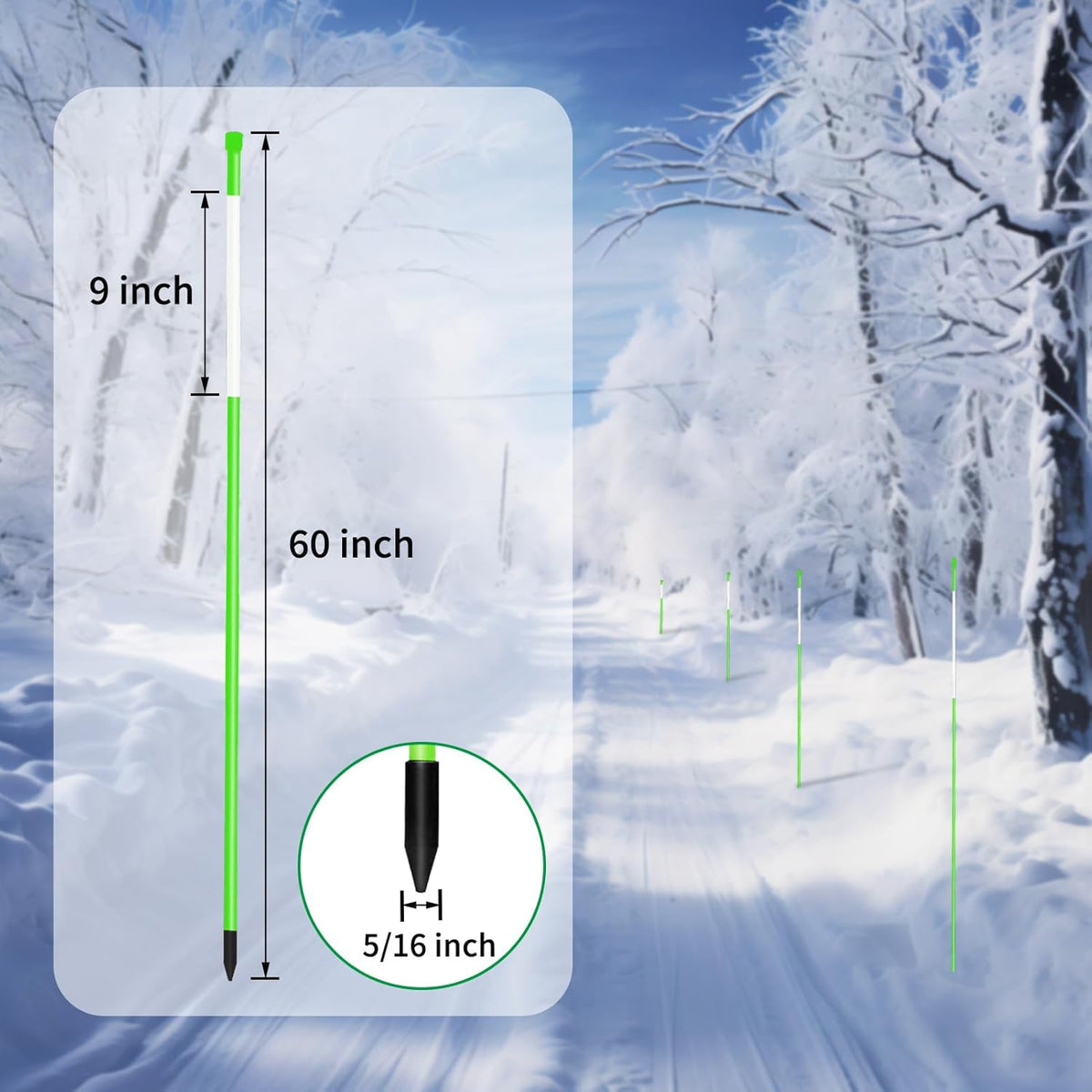 Growsun Driveway Marker 5ft Green Fiberglass 5/16 inch Dia Snow Fence Reflective Plow Stakes for
