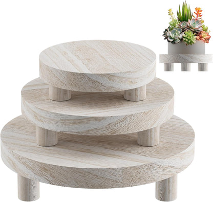 3 Pcs Wood Plant Stand Indoor Outdoor, Round Wood Riser for Decor 6/8/10" Wooden Stool Display