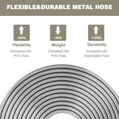 Omont Metal Garden Hose 50FT, Heavy Duty 304 Stainless Steel Water Hoses with Nozzle, Flexible