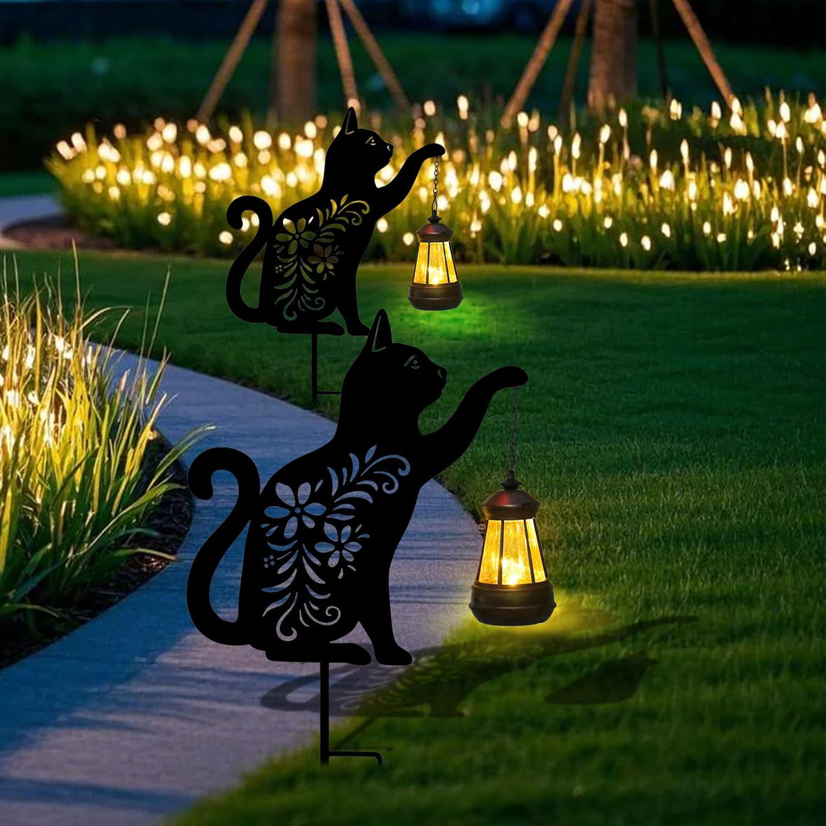 Afirst Solar Outdoor Garden Stake Solar Cat Decorative Stake Light with Lantern Decorative Lights