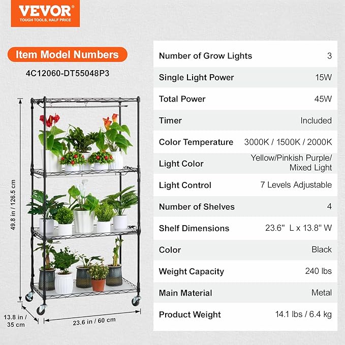 VEVOR Plant Stand with Grow Light, 4-Tier Plant Shelf with 45W Full Spectrum Grow Light, 3 Mode
