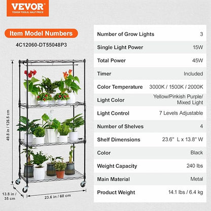 VEVOR Plant Stand with Grow Light, 4-Tier Plant Shelf with 45W Full Spectrum Grow Light, 3 Mode