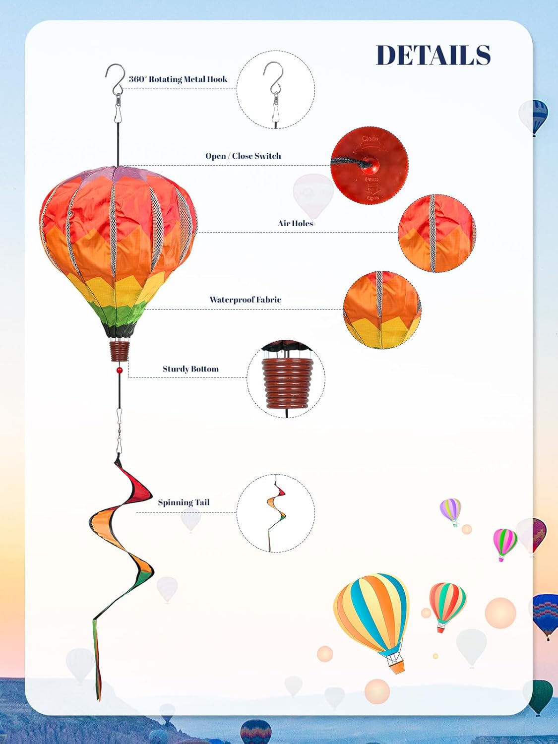 2PCS Giant Rainbow Hot Air Balloon Wind Spinners 14" W x 59" H Large Multicolor Whirligig Wind