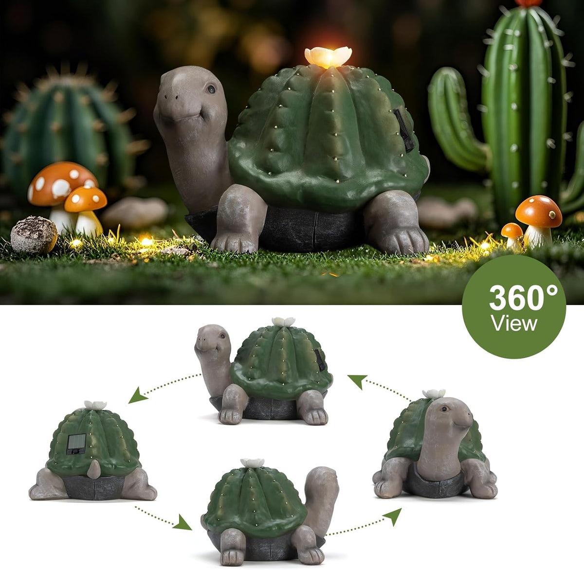Solar Cactus Turtle Statue Garden Decor Light - Outdoor Decorative LED Flower, Suitable for Patio
