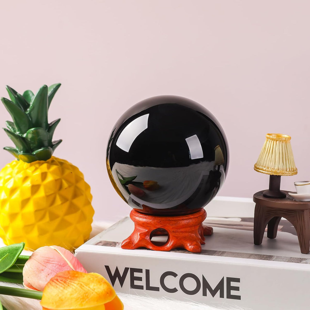 Modaier Black Small Obsidian Crystal Ball 60mm/2.3 inch with Rose Wooden Stand and Gift Box for