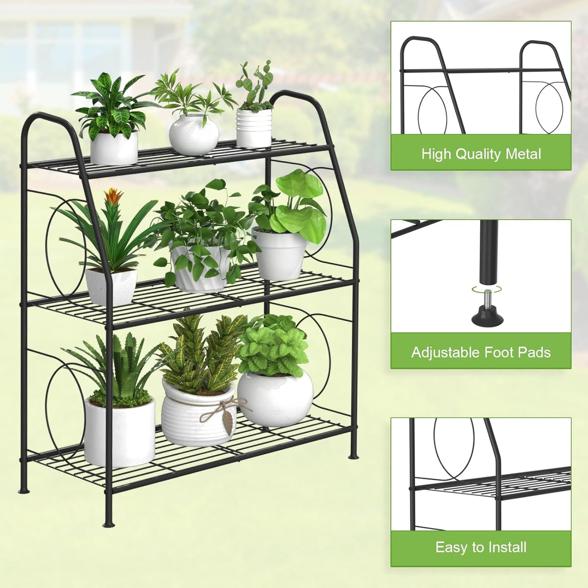 Plant Stand, 3 Tier Plant Shelf for Indoor Outdoor, Heavy Duty Metal Outdoor Plant Stand Holder