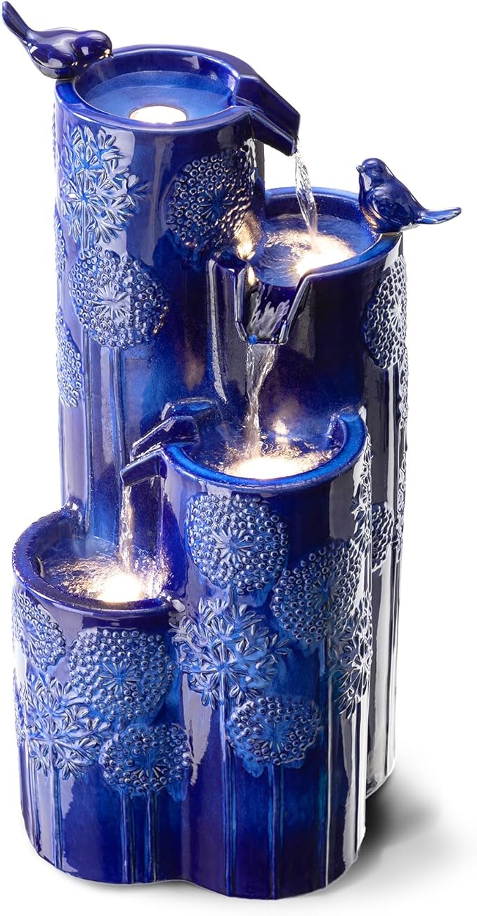 Glitzhome 32" H Outdoor Water Fountain with LED Lights and Pump, 4 Tier Ceramic Cobalt Blue