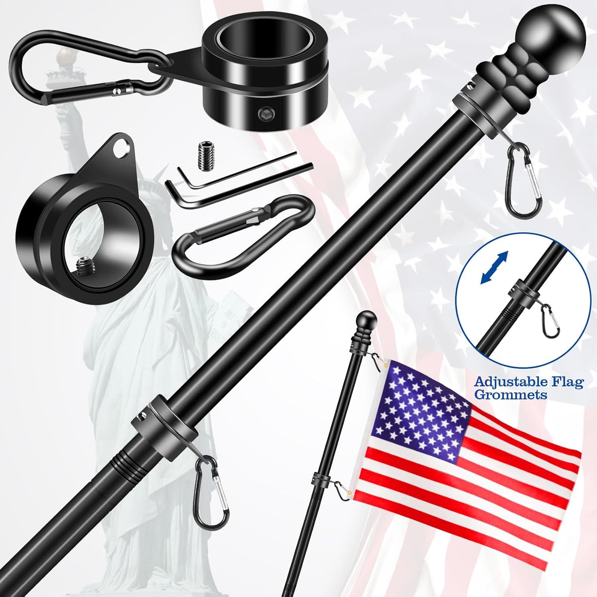 1" Black Flag Pole Rings, 2 Pcs Anti Wrap Aluminum Alloy Flag Pole Clip Swivels, 360° Rotating