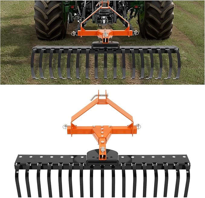 KUAFU 50" 3 Point Landscape Rock Rake for Category-0 Cat-0 Tractor with 360° Rotation Replaceable