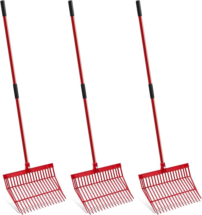 Lasnten 3 Sets Manure Fork with Long Metal Handle Pitch Fork Manure Rake Heavy Duty Muck Rake for