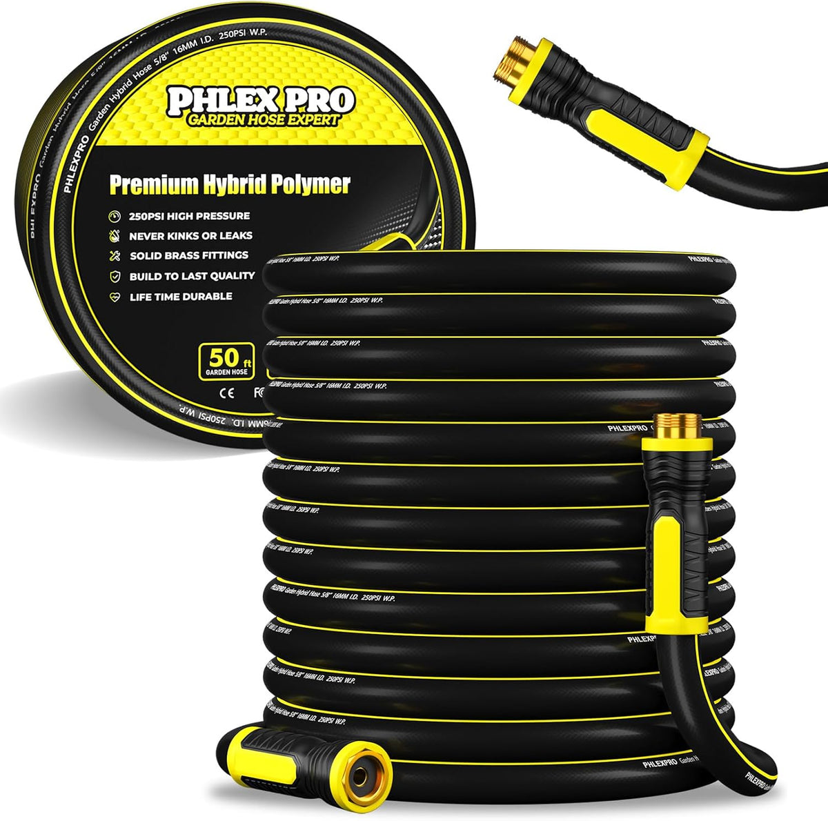 Garden Hose 50FT - PHLEX PRO Heavy-Duty Premium 5/8'' Rubber 3-Layer Water Hose - Innovation
