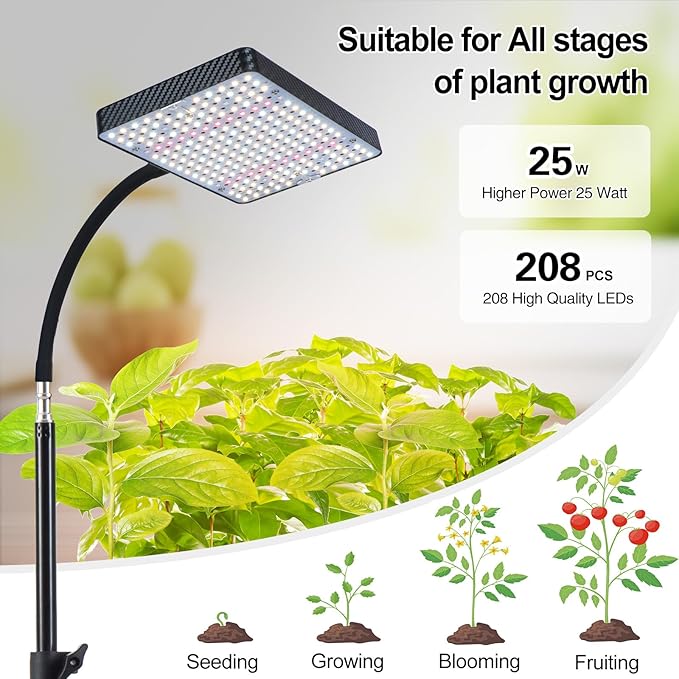 Grow Light with Stand and Timer, 25 Watt Power Home Plug Standing Tall Plant Light, Full Spectrum