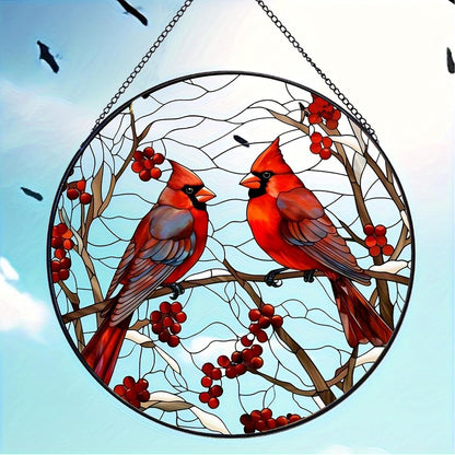 Red Cardinal Stained Glass Suncatcher - Handmade Christmas Window Hanging for Home Garden Deco