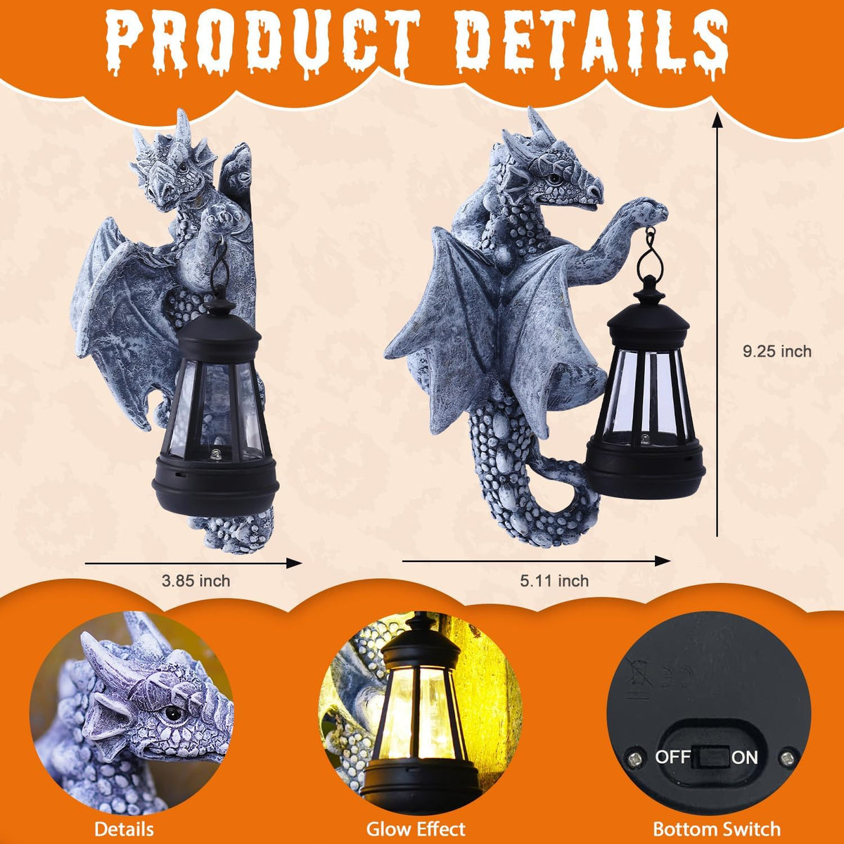 Goodeco Dragon Tree Hugger Solar Lantern Garden Statue - 9.3 Inch Resin Dragon Decor for Outdoor