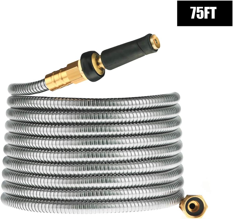 Expandable Metal Garden Hose 75 FT - 304 Stainless Steel Water Hose 75 FT - Heavy Duty non Kinking