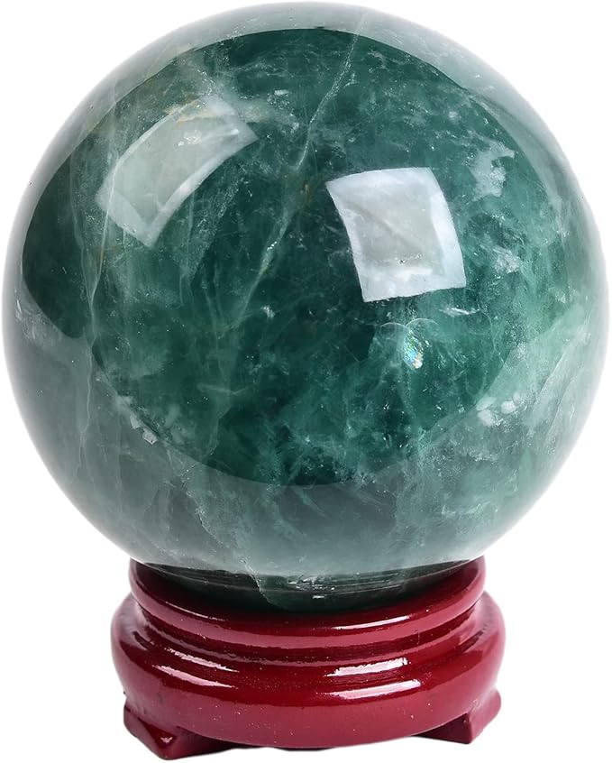 JIC Gem Big Green Quartz Crystal Ball Green Fluorite Healing Gemstone Sphere with Decorative Wooden