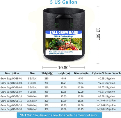 5 Gallon 5 Pack Grow Bags, Heavy Duty Nonwoven Aeration Fabric Plant Grow Pots for Vegetables
