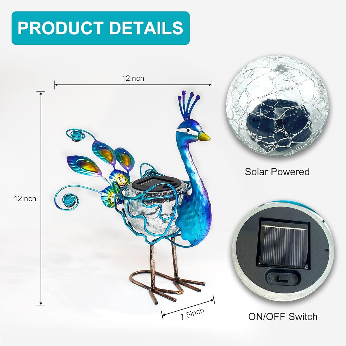 HONGLAND Solar Peacock Statue Light, Solar Animal LED Lights Outdoor, Solar Power Figurine