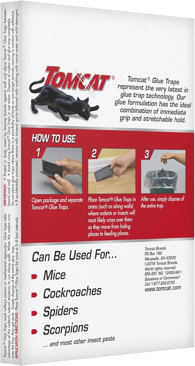 Tomcat Mouse Trap with Immediate Grip Glue for Mice, Cockroaches, and Spiders, Ready-to-Use, 4-Pack