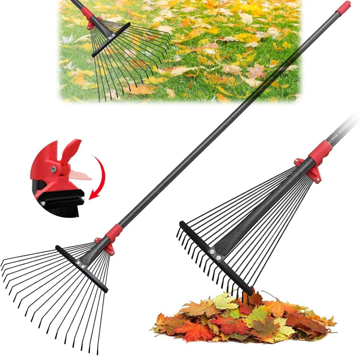 61 Inch Rake for Leaves , Adjustable 18 Tines with Expandable Head 9-18in Grass Rake Heavy Duty