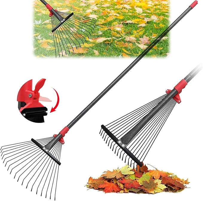 91 Inch Rake for Leaves , Adjustable 18 Tines with Expandable Head 9-18in Grass Rake Heavy Duty