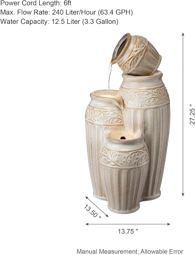 Glitzhome 27.25" H Outdoor Garden Water Fountain with LED Lights and Pump, 4 Tier Sand Beige