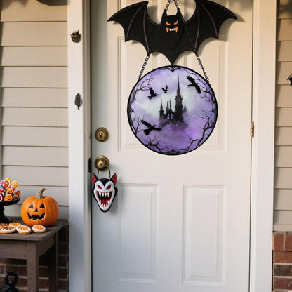 Stained Glass Window Hanging - Halloween Gothic Castle Purple Smoke Suncatcher for Doors Garden