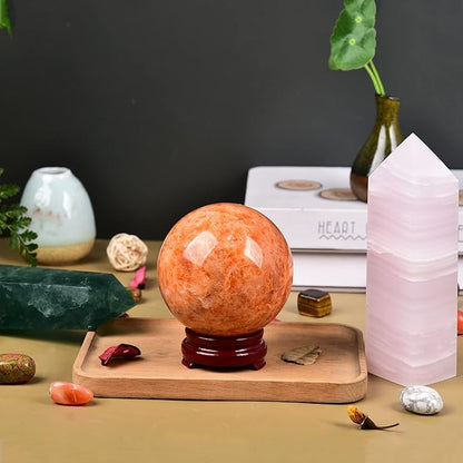JIC Gem Big Sparkling Quartz Crystal Ball Sunstone Healing Crystal Gemstone Sphere with Decorative