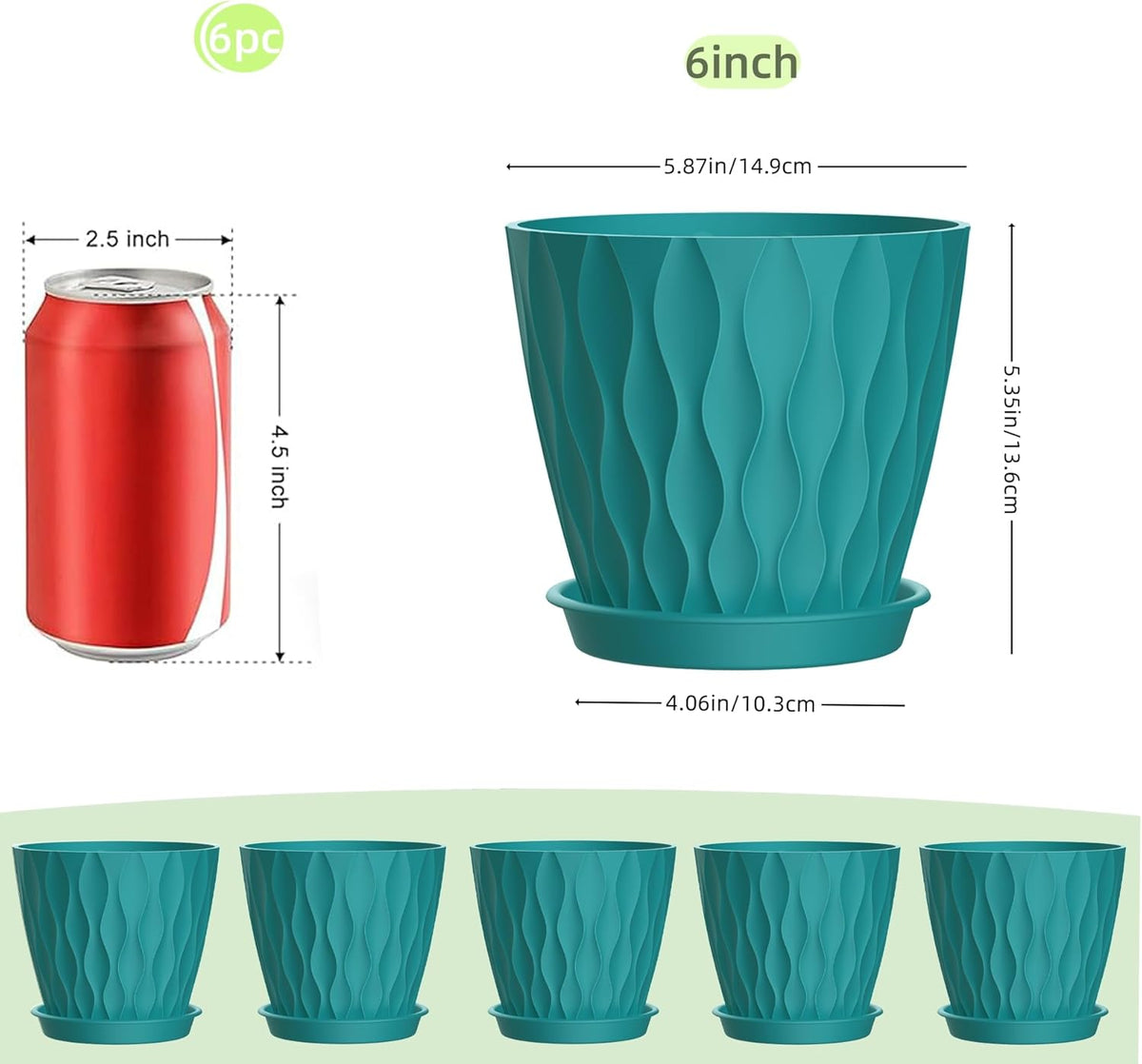 6 Inch Plant Pots, 6 Pack Indoor Flower Pots, Planters with Drainage Holes and Trays for Orchids