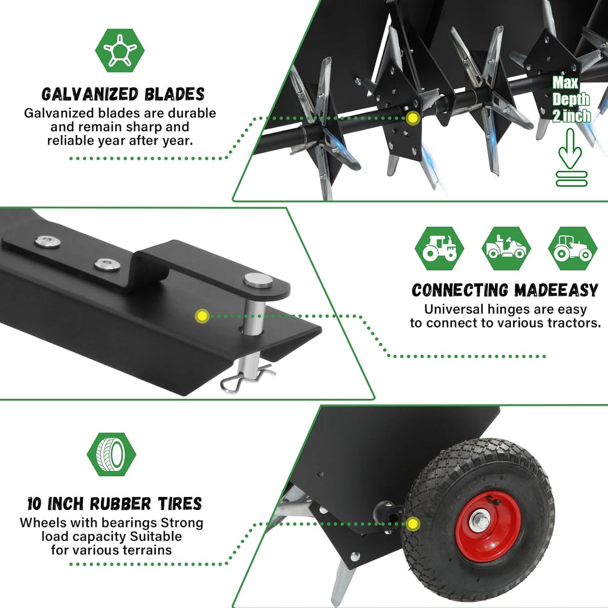 Doniks 48-Inch Tow Behind Lawn Plug Aerator with Universal Hitch, Lawn Aerator Tow Behind with 30