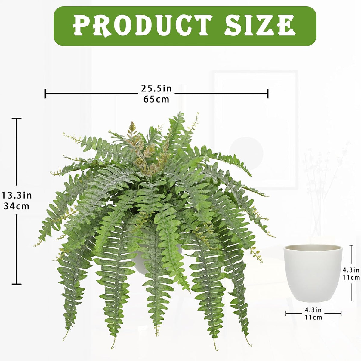 Hollyone Artificial Fern Plants in White Pot 25.5" Medium Artificial Boston Fern 31 Leaves for