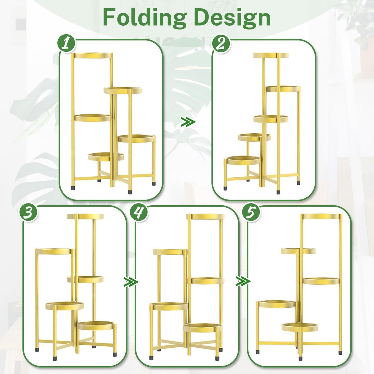 iDavosic.ly Plant Stand Indoor Outdoor, 5 Tier Corner Metal Flower Display Holder Shelf, Folding