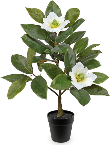 Briful Artificial Magnolia Flower Tree in Black Pot – 26.3in Tall Faux Magnolia Plant with